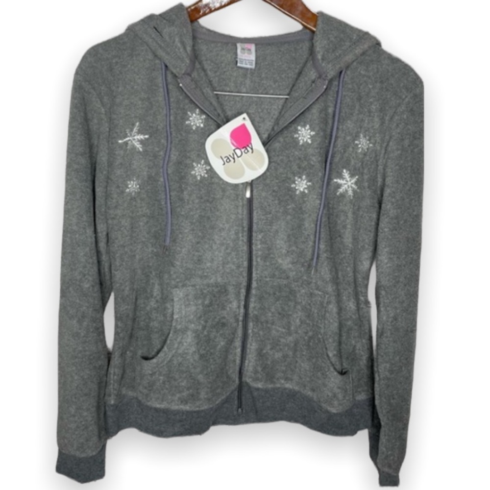 Jay Day Gray Snowflake Embroidered Zip Up Hoodie Holiday Winter